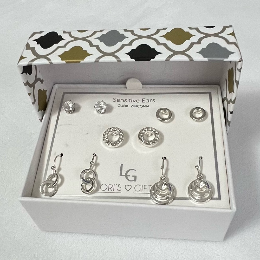 Lori's Gifts Box Set Of Six Pairs Sensitive Silver Tone Earrings NEW Dangle Stud